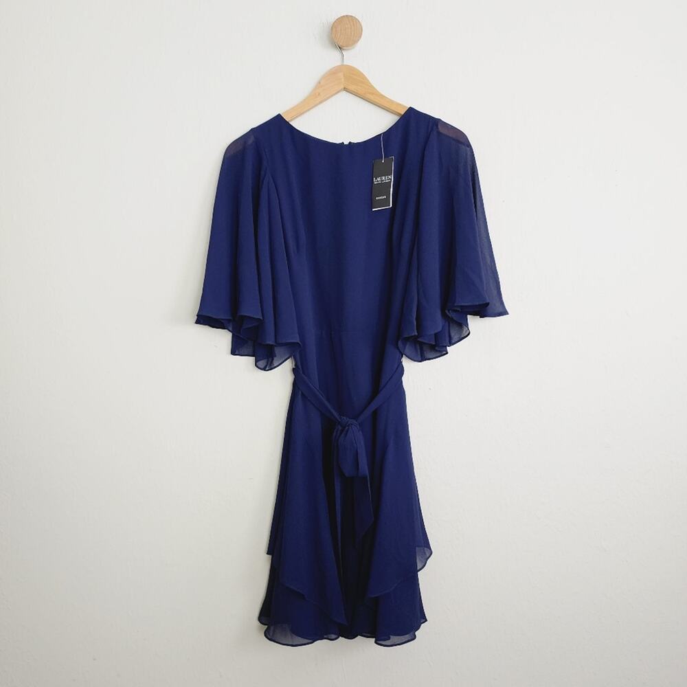 Lauren Ralph Lauren NWT Deep Navy Blue Flutter Sleeve Belted Crepe Mini Dress 2 - Picture 5 of 15